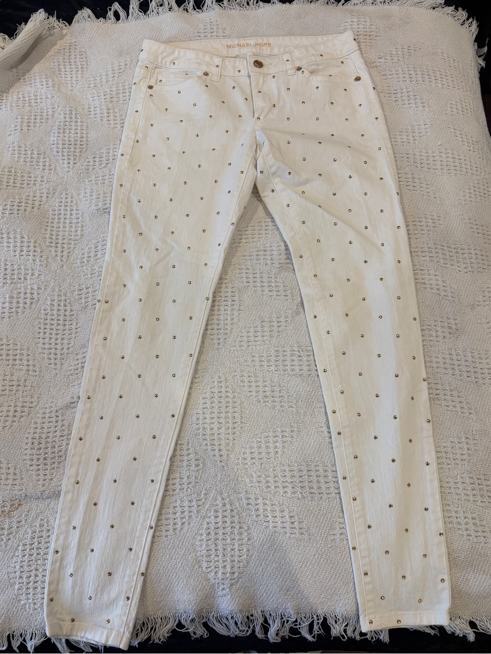 Michael Kors White Skinny Jeans with Gold Stud Accents